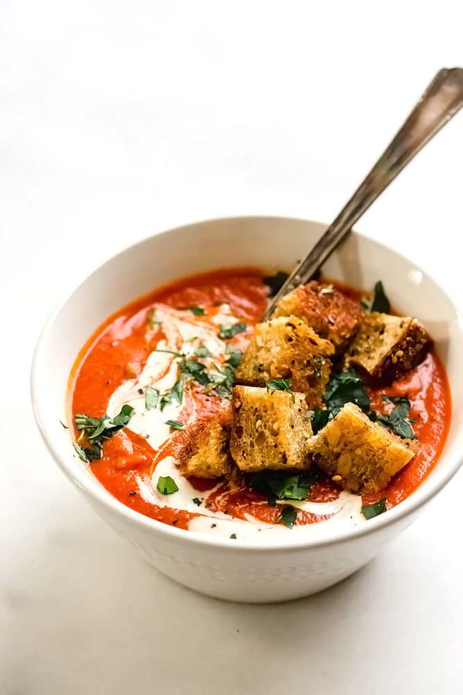 Dreamy Vegan Tomato Soup Cashew Cream Croutons