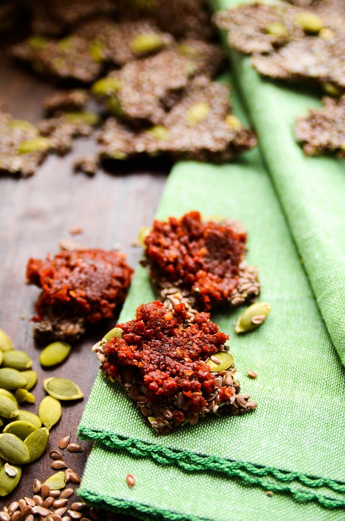Flax and Pepita Crackers with Sundried Tomato Spread