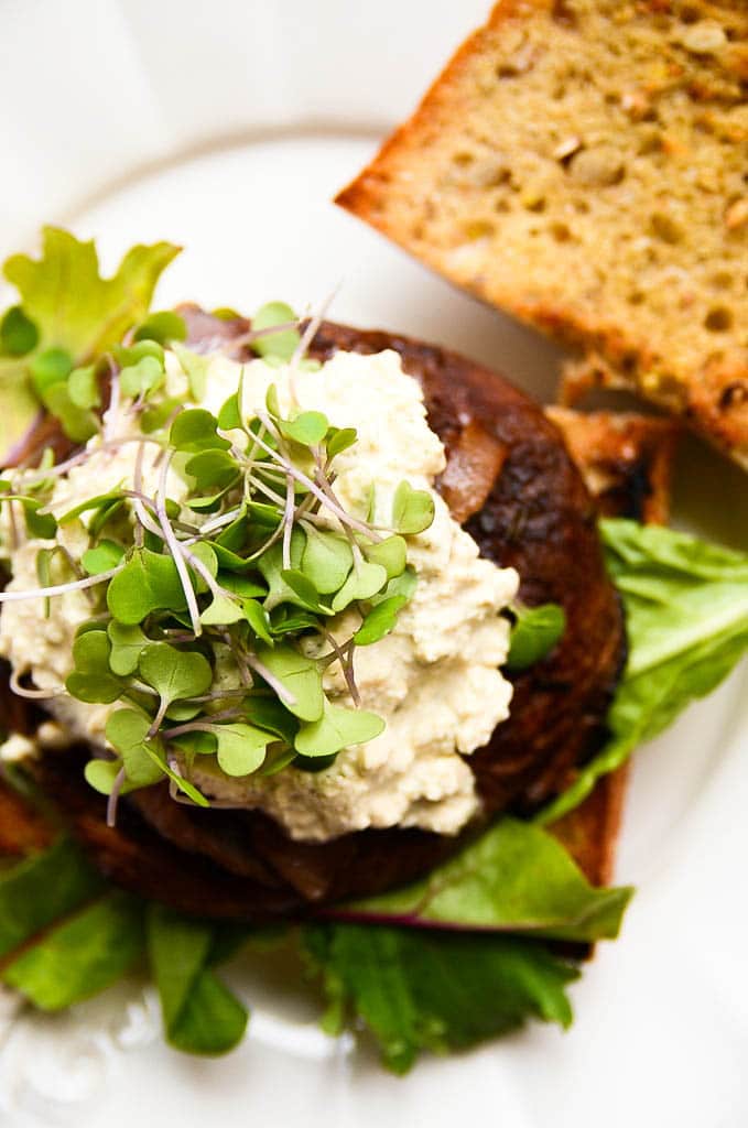 Juicy Portobello Burger with Vegan Blue Cheese and Caramelized Onions
