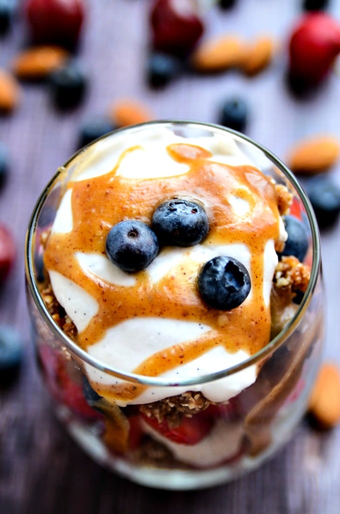 Dreamy Berry Parfait with Coconut Whipped Cream and Caramel