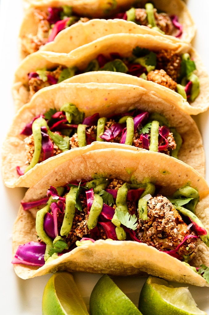 Crispy Cauliflower Tacos with Slaw and Avocado Cream