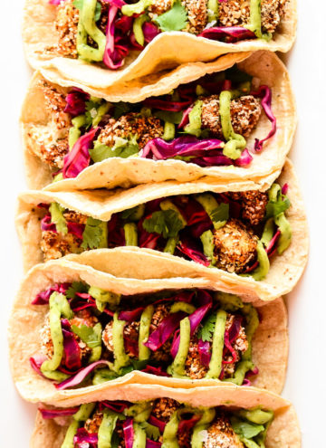 Crispy Cauliflower Tacos with Slaw and Avocado Cream