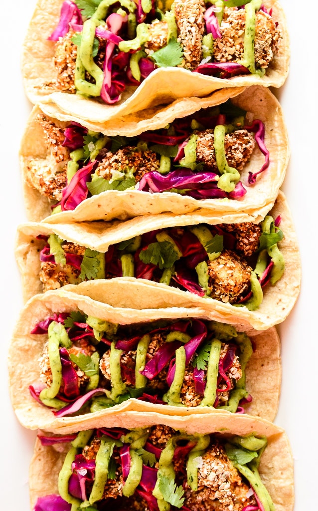 Crispy Cauliflower Tacos with Slaw and Avocado Cream