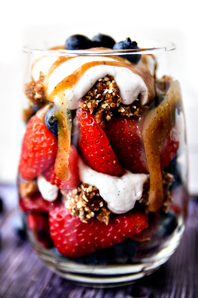 Dreamy Berry Parfait with Coconut Whipped Cream, Caramel & Raw Granola Clusters | Vegan & Gluten-Free