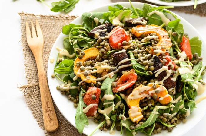 French Lentil & Roasted Vegetable Salad with Creamy Tahini Dressing 