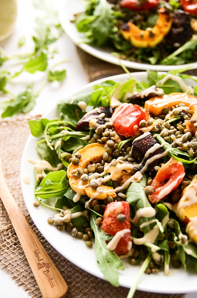 French Lentil & Roasted Vegetable Salad with Creamy Tahini Dressing 