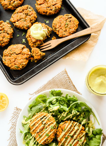 Sweet Potato and Lentil Cakes with Lemony Avocado Sauce