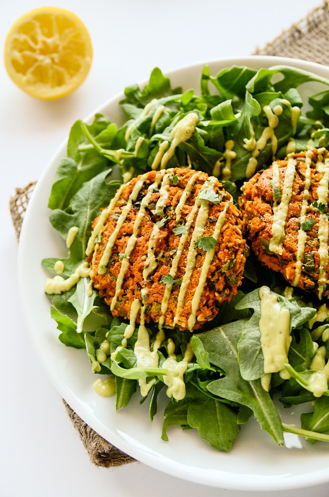 Sweet Potato and Lentil Cakes with Lemony Avocado Sauce