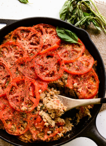 Cheesy Farro Bake with Mushrooms, Tomatoes and Shallots