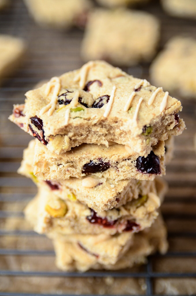 Cranberry + Pistachio Shortbread Bars with Almond Icing