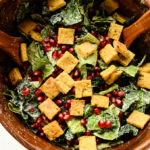 Holiday Caesar Salad with Hemp Seed Dressing, Protein Croutons & Pomegranate Seeds (vegan, gluten-free)