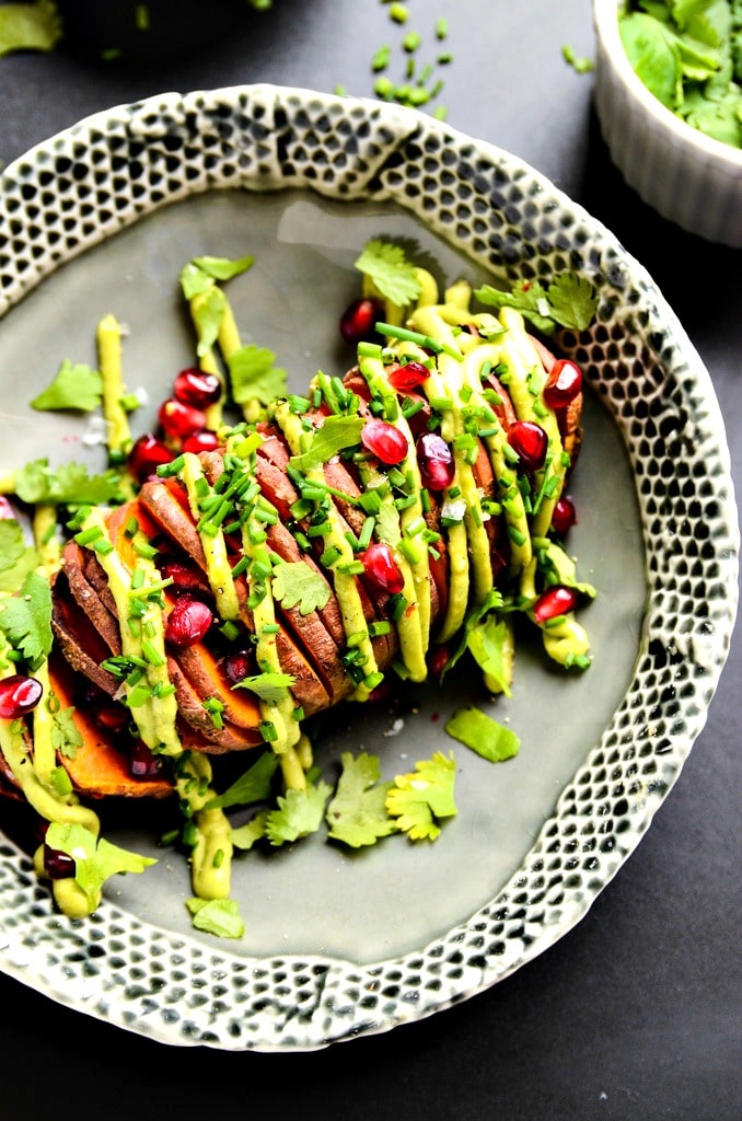 7-Ingredient Hasselback Sweet Potatoes with Avocado Aioli | vegan ...