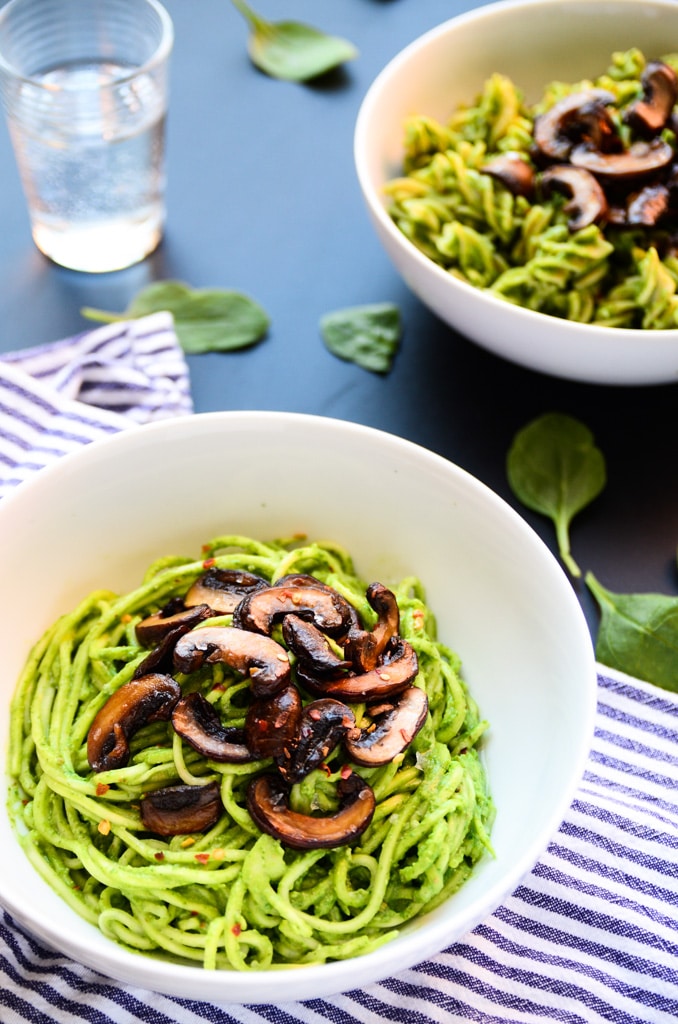 Lean Green Avocado-Spinach Pesto Pasta with Sautéed Mushrooms (vegan, gf) -  Blissful Basil