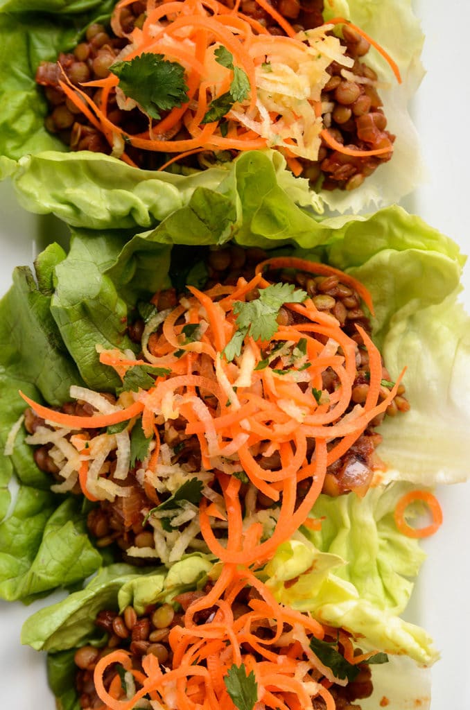 BBQ Lentil Lettuce Wraps with Tangy Slaw (vegan, gluten-free)