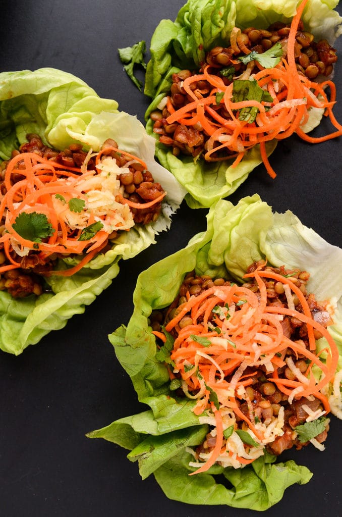 BBQ Lentil Lettuce Wraps with Tangy Slaw (vegan, gluten-free)