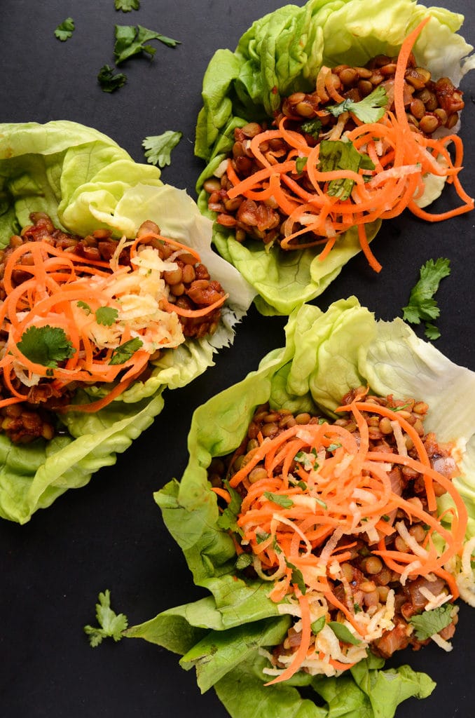 BBQ Lentil Lettuce Wraps with Tangy Slaw (vegan, gluten-free)