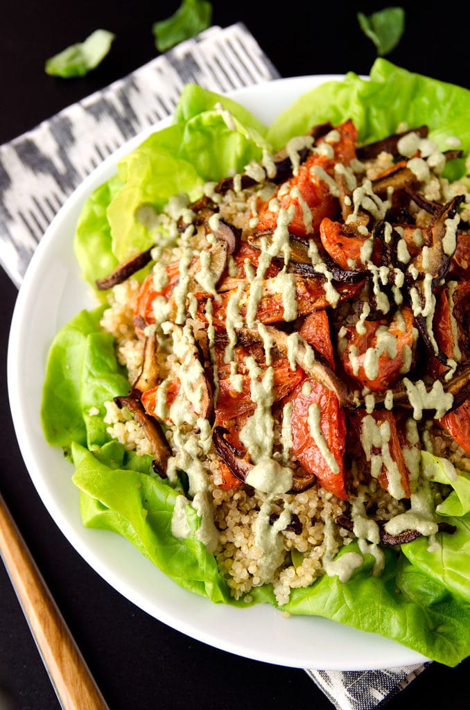 Vegan BLT Salad with Shiitake Bacon, Lettuce & Roasted Tomatoes