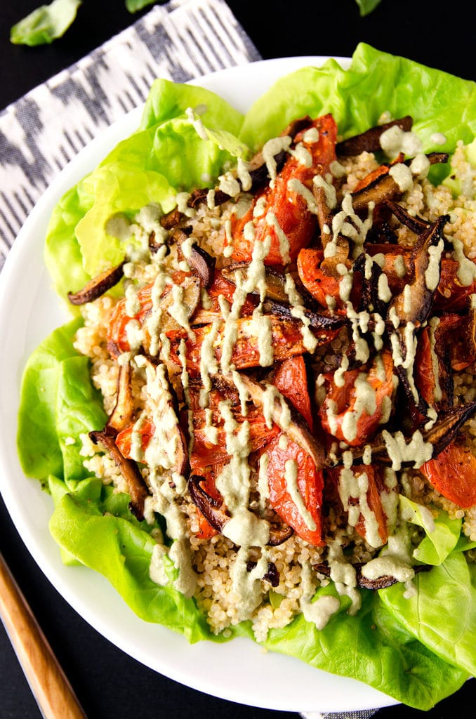 Vegan BLT Salad with Shiitake Bacon, Lettuce & Roasted Tomatoes