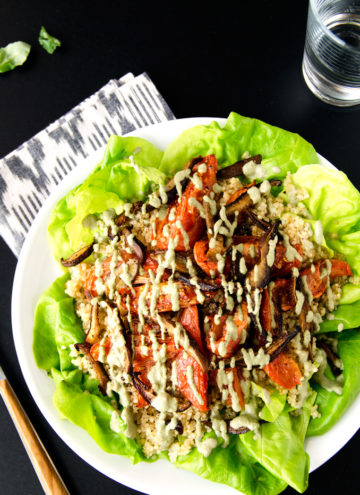 Vegan BLT Salad with Shiitake Bacon, Lettuce & Roasted Tomatoes