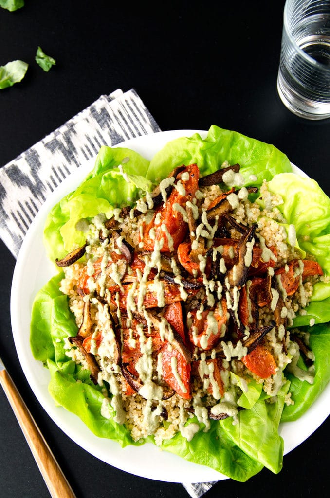 Vegan BLT Salad with Shiitake Bacon, Lettuce & Roasted Tomatoes