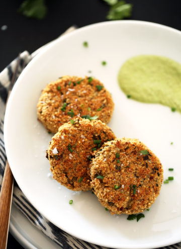 Crispy Quinoa Cauliflower Cakes with Herbed Brazil Nut Cream