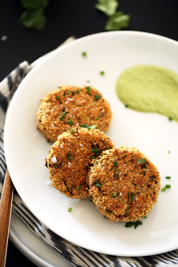 Crispy Quinoa Cauliflower Cakes with Herbed Brazil Nut Cream