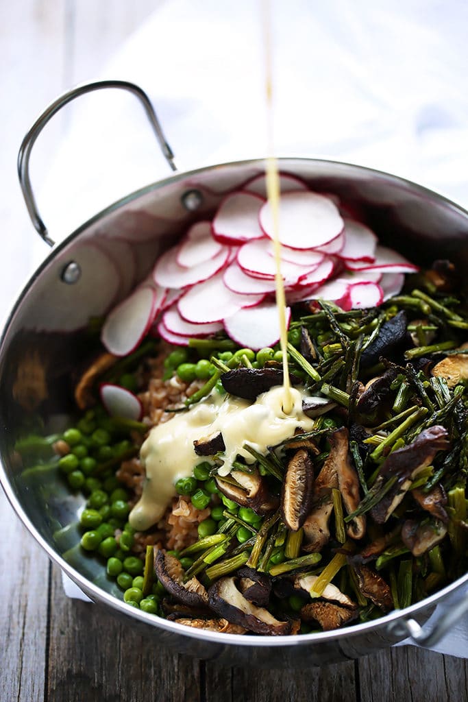 Spring Farro Salad with Roasted Garlic Vinaigrette