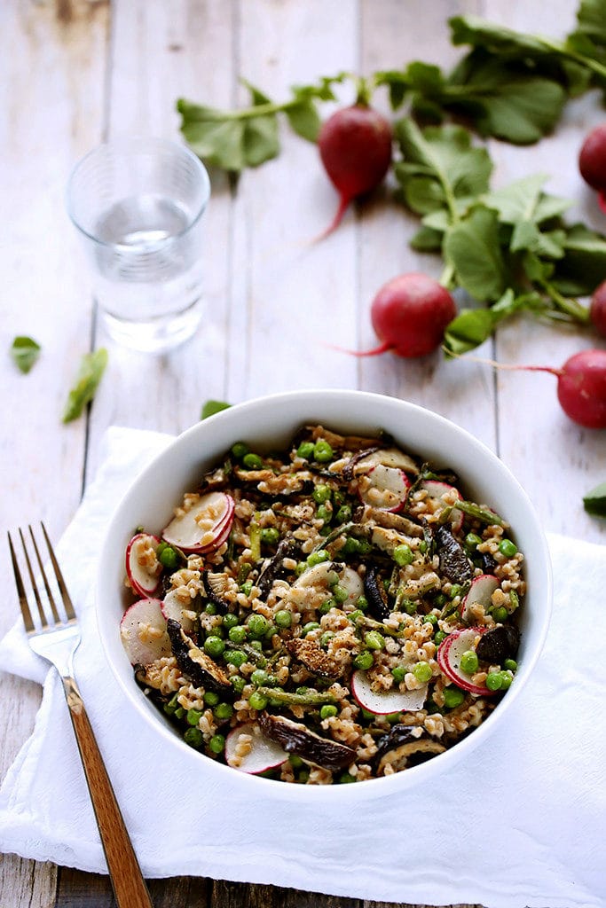 Spring Farro Salad with Roasted Garlic Vinaigrette