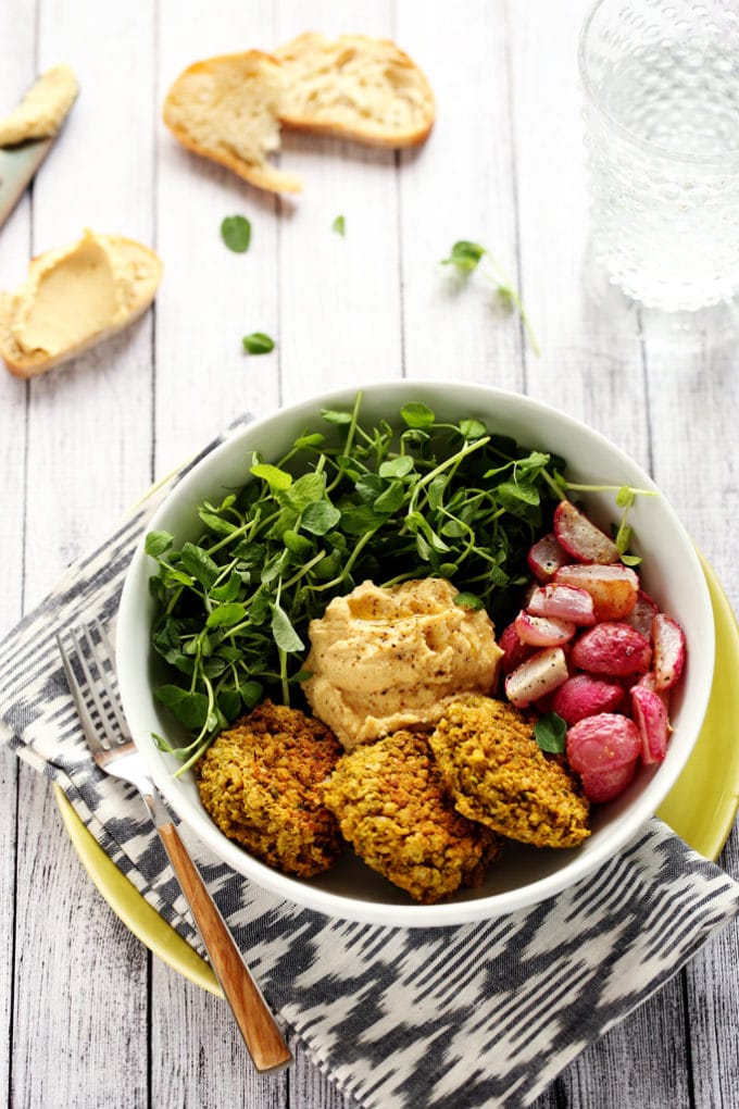 Green Pea Patty, Roasted Radish & Lemony Hummus Bowl | A protein-packed vegan and gluten-free spring meal!