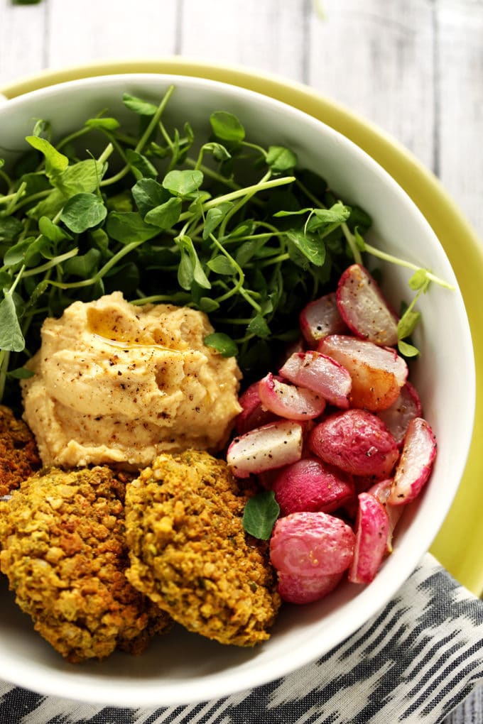Green Pea Patty, Roasted Radish & Lemony Hummus Bowl | A protein-packed vegan and gluten-free spring meal!