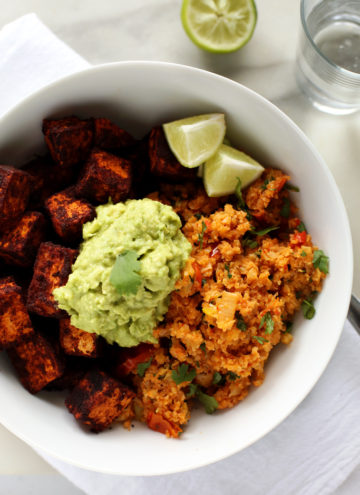 Spicy Cauliflower Rice, Cinnamon-Paprika Sweet Potatoes & Avocado Mash | A quick, easy, and delicious vegan meal!