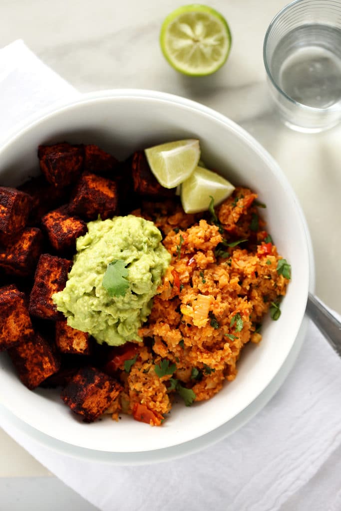 Spicy Cauliflower Rice, Cinnamon-Paprika Sweet Potatoes & Avocado Mash | A quick, easy, and delicious  vegan meal!