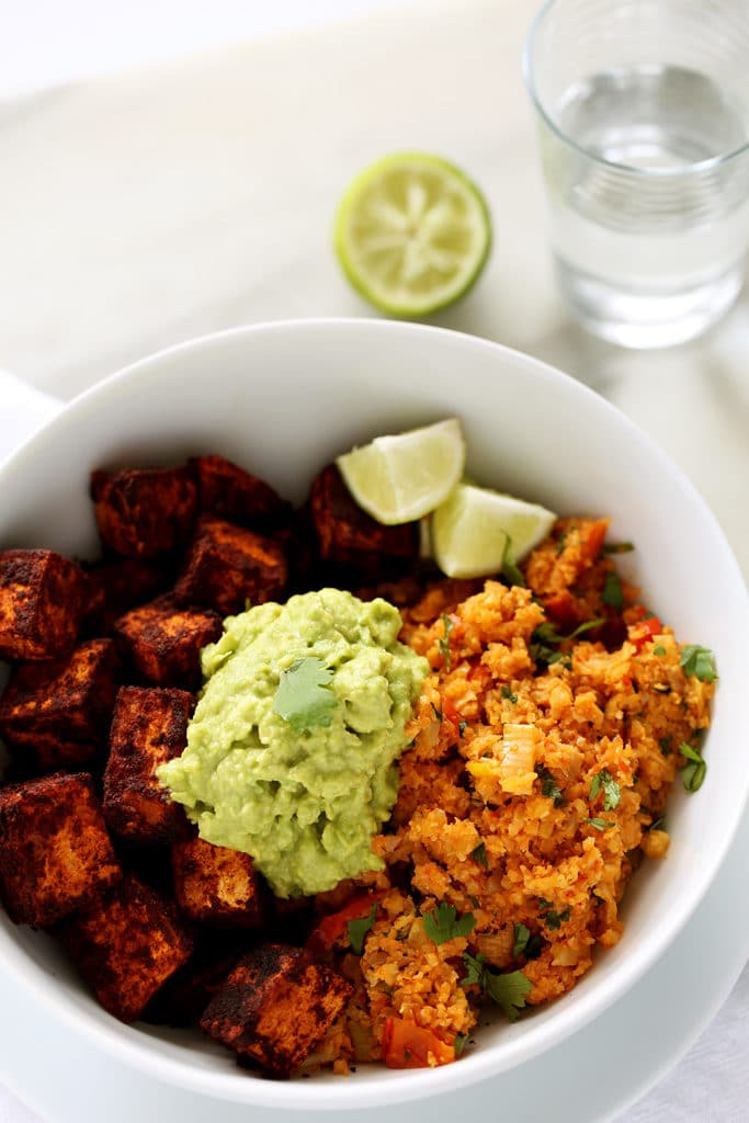 Spicy Cauliflower Rice, Cinnamon-Paprika Sweet Potatoes & Avocado Mash | A quick, easy, and delicious  vegan meal!