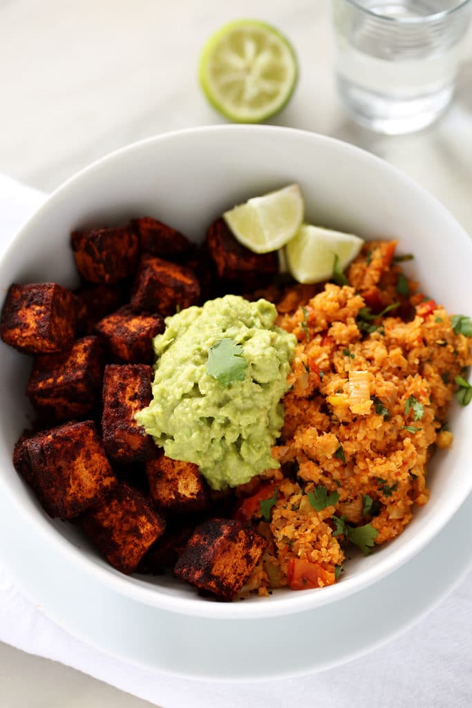 Spicy Cauliflower Rice, Cinnamon-Paprika Sweet Potatoes & Avocado Mash | A quick, easy, and delicious  vegan meal!