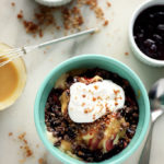 Hot Tahini Sundae with Banana Ice Cream, Cherry Compote & Sunflower Crumble | A decadent vegan sundae!