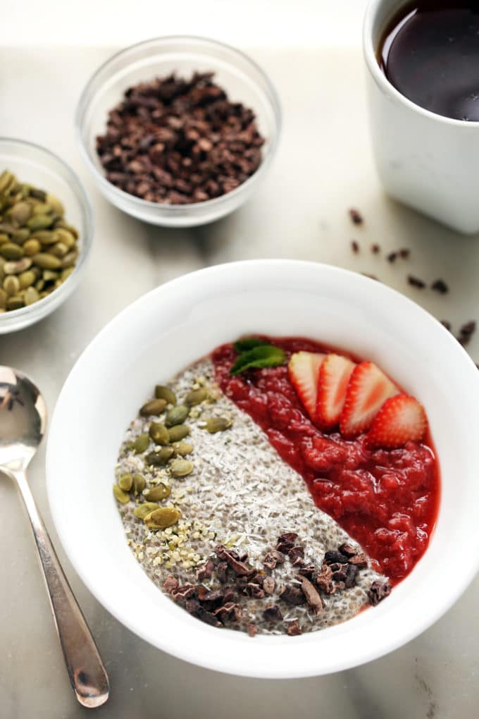 Strawberry-Rhubarb & Coconut Chia Pudding Breakfast Bowl | An energizing vegan and gluten-free breakfast!