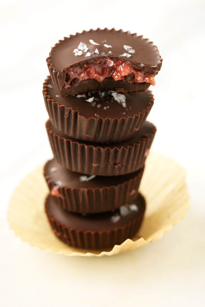 Dark Chocolate Strawberry Chia Jam Cups | These vegan, gluten-free, and paleo treats are made with homemade chocolate!