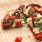 Personal Vegan Tortilla Pizza with Homemade Mozzarella, Mushrooms, Tomatoes, & Basil | Quick, easy, and super crispy!