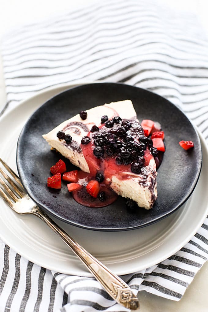 Raw Vegan Strawberry and Blueberry Swirl Cheesecake with Crisp Pecan Crust