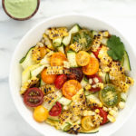 Summer Squash Ribbon Salad with Grilled Corn, Heirloom Cherry Tomatoes + Creamy Cilantro-Pepita Dressing