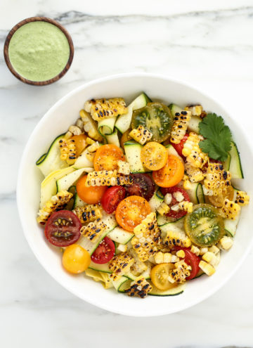 Summer Squash Ribbon Salad with Grilled Corn, Heirloom Cherry Tomatoes + Creamy Cilantro-Pepita Dressing