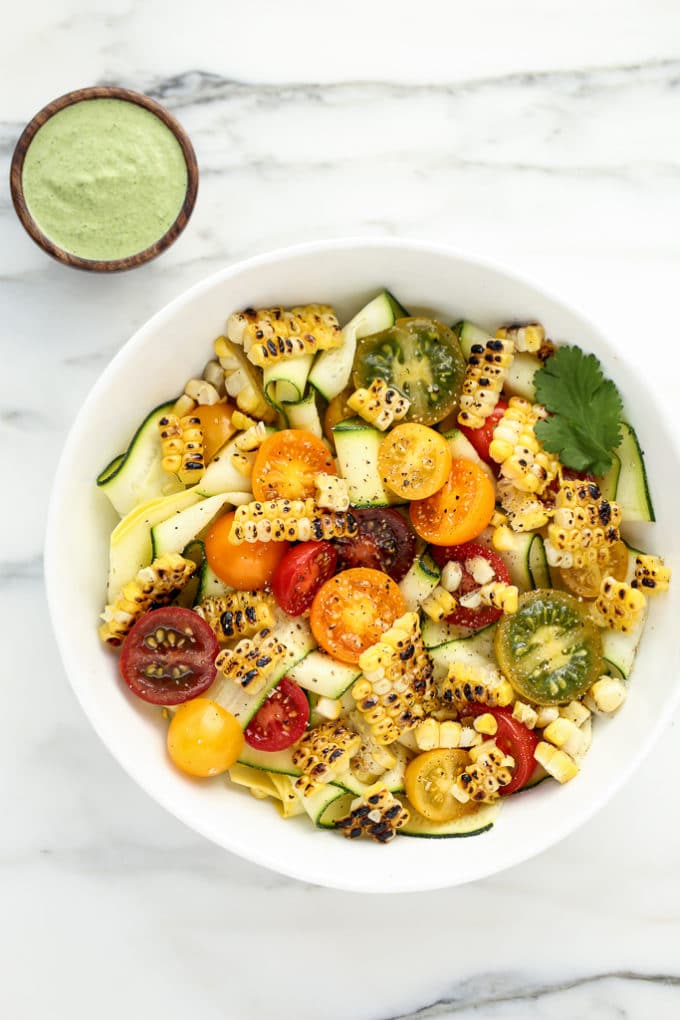 Summer Squash Ribbon Salad with Grilled Sweet Corn, Heirloom Cherry ...