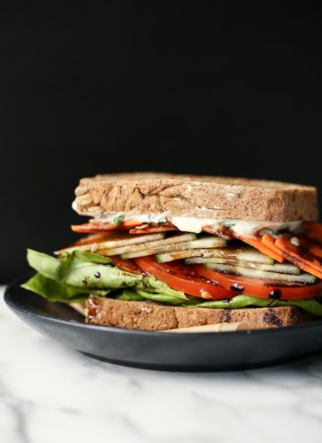 Toasted Vegan Veggie Crunch Sandwich with Tzatziki & Balsamic Drizzle