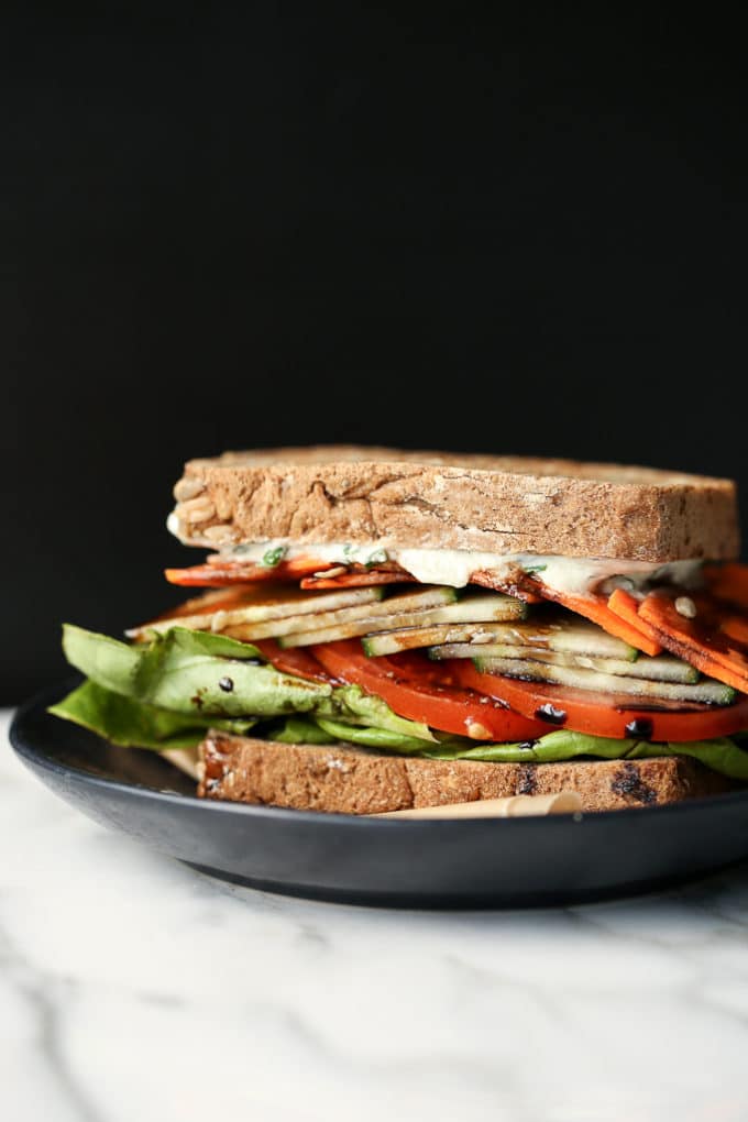 Toasted Vegan Veggie Crunch Sandwich with Tzatziki & Balsamic Drizzle