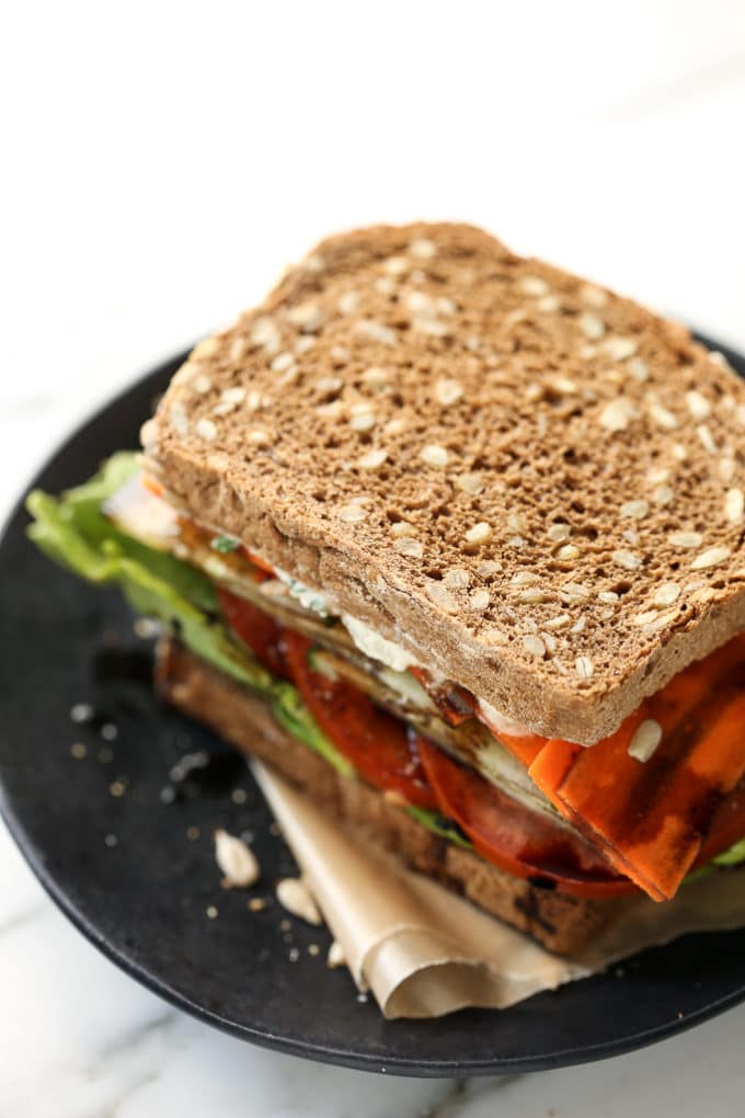 Toasted Vegan Veggie Crunch Sandwich with Tzatziki & Balsamic Drizzle