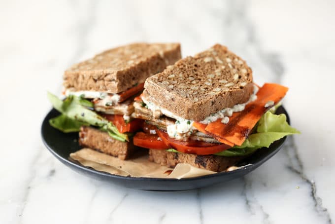 Toasted Vegan Veggie Crunch Sandwich with Tzatziki & Balsamic Drizzle