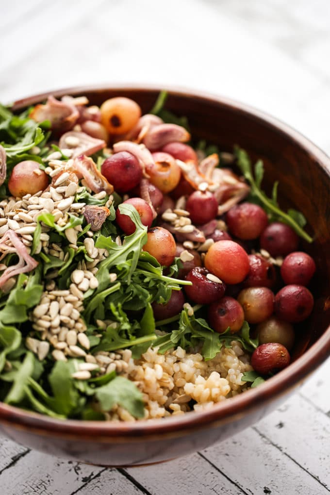 Arugula, Brown Rice & Roasted Grape Salad with Balsamic-Thyme Vinaigrette