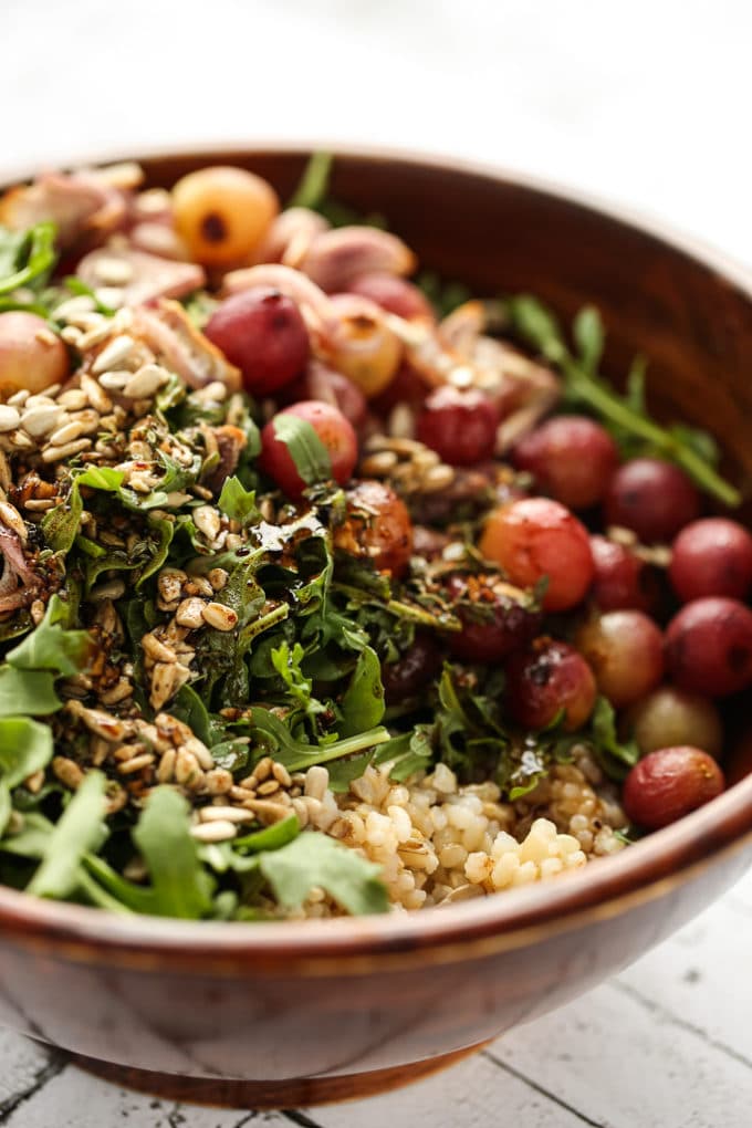 Arugula, Brown Rice & Roasted Grape Salad with Balsamic-Thyme Vinaigrette