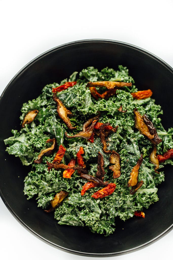 Marinated Kale Caesar Salad with Crispy Shiitake Bacon | Vegan