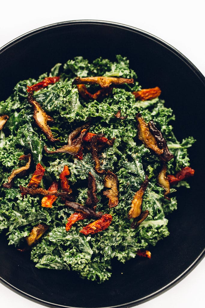 Marinated Kale Caesar Salad with Crispy Shiitake Bacon | Vegan